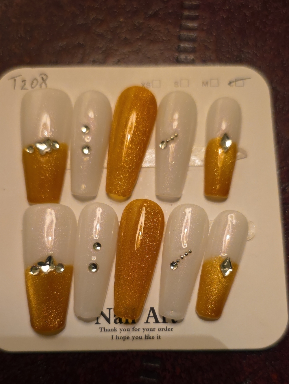 Gold and White Rhinestone Press-On Nail Set